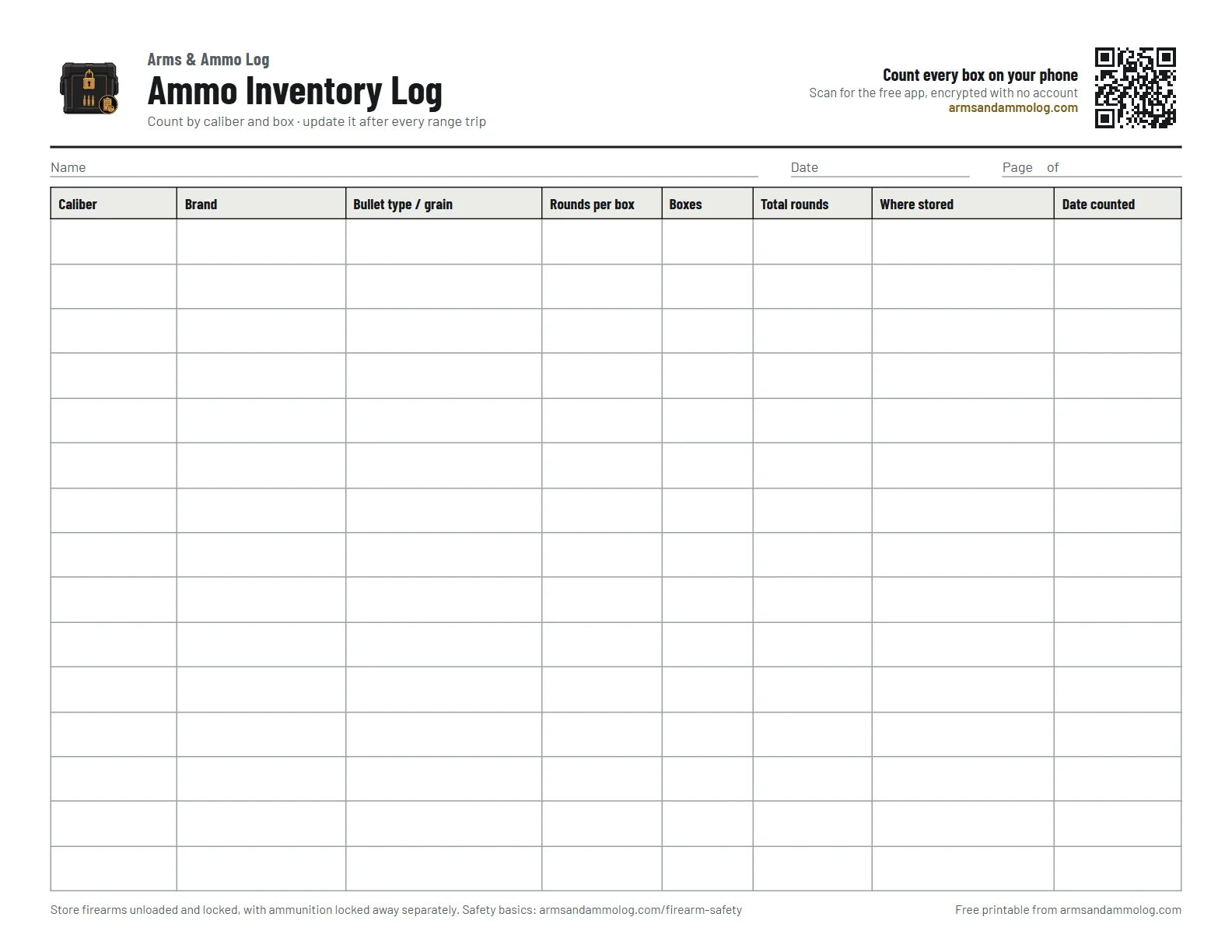 Free printable ammo inventory log: a blank table for caliber, brand, bullet type and grain, rounds per box, boxes, total rounds, where stored and date counted