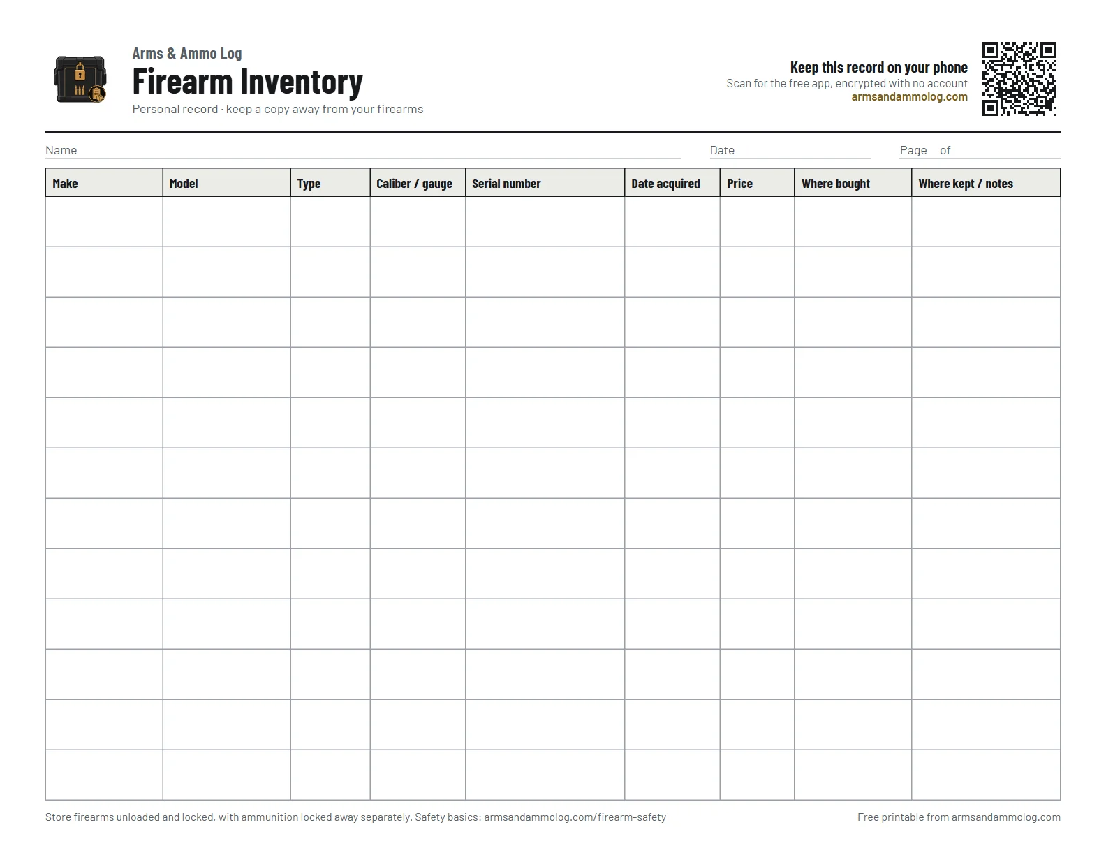 Free printable firearm inventory sheet: a blank table for make, model, type, caliber or gauge, serial number, date acquired, price, where bought and where kept, with a QR code to the Arms & Ammo Log app
