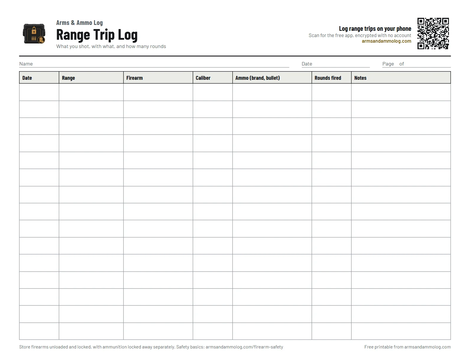 Free printable range trip log: a blank table for date, range, firearm, caliber, ammo used, rounds fired and notes