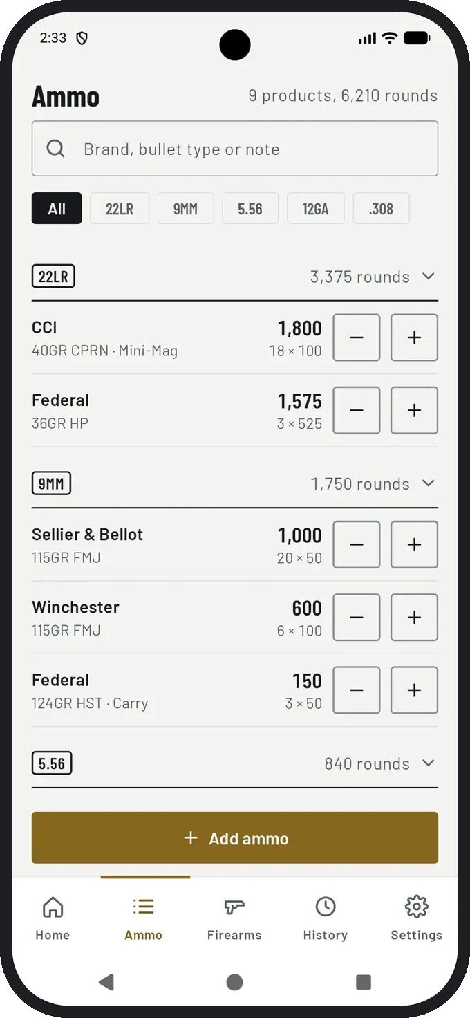 The Ammo list grouped by caliber, with rounds and a box count for each product and one-tap plus and minus buttons