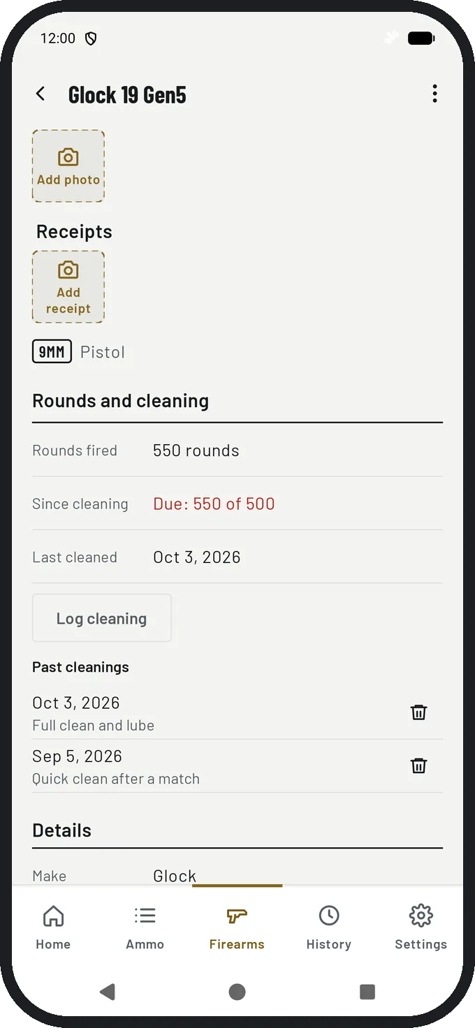 A firearm page: 550 rounds fired, due for cleaning at 550 of 500 rounds, last cleaned Oct 3, with past cleanings listed