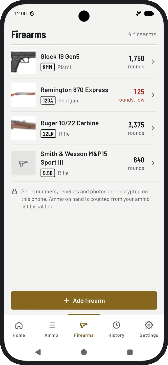 The Firearms list: each gun with its caliber, type and the rounds on hand for it