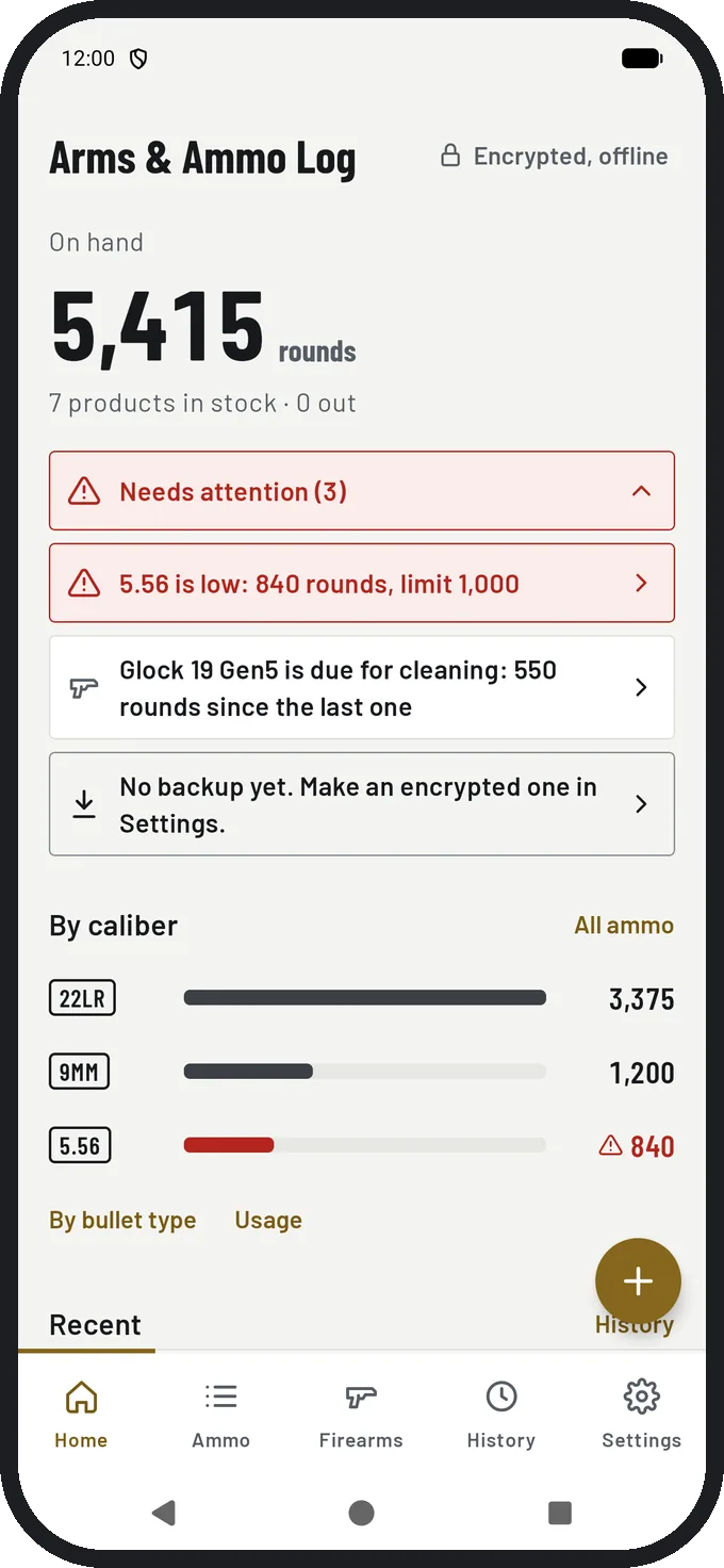 The Home screen with a notice: Glock 19 Gen5 is due for cleaning, 550 rounds since the last one
