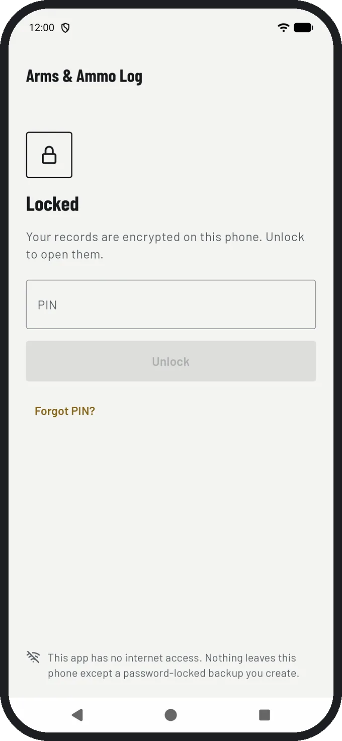 The app lock screen: your records are encrypted on this phone, unlock to open them